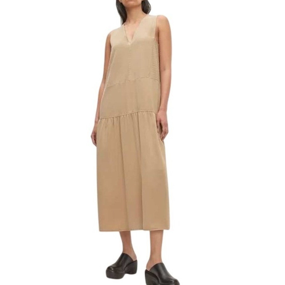Everlane The Tencel V Neck Dress Womens XS Beige Drop Waist Minimalist Modern